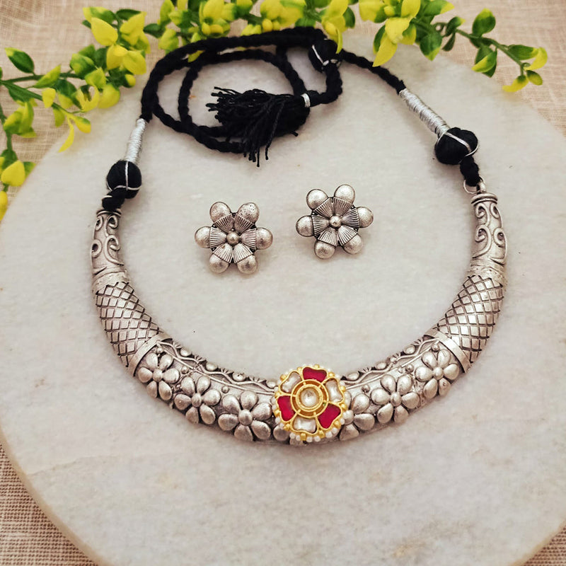 FS Collection Oxidised Plated Kundan Stone Pearls Necklace