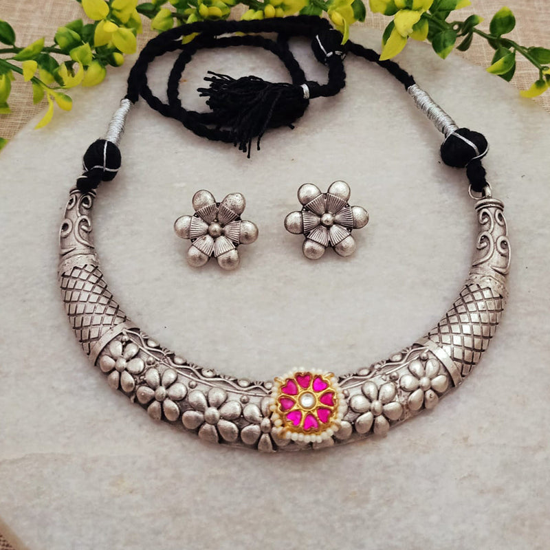 FS Collection Oxidised Plated Kundan Stone Pearls Necklace