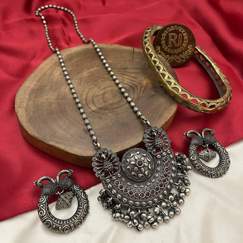 FS Collection Oxidised Plated Pota Stone Long Necklace Set