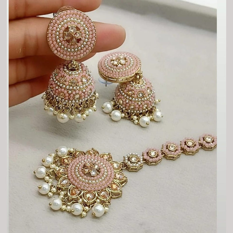 FS Collection Gold Plated Crystal Stone And Pearls Jhumki With Maangtikka