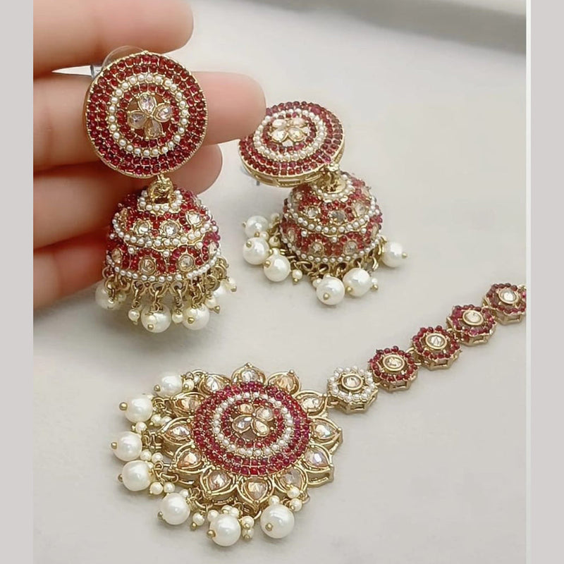 FS Collection Gold Plated Crystal Stone And Pearls Jhumki With Maangtikka