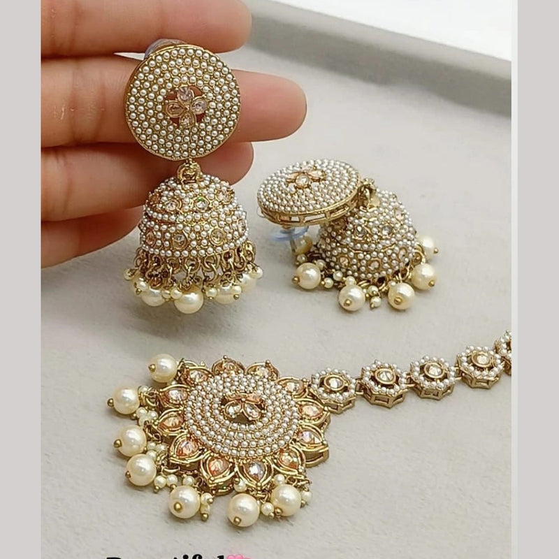 FS Collection Gold Plated Crystal Stone And Pearls Jhumki With Maangtikka