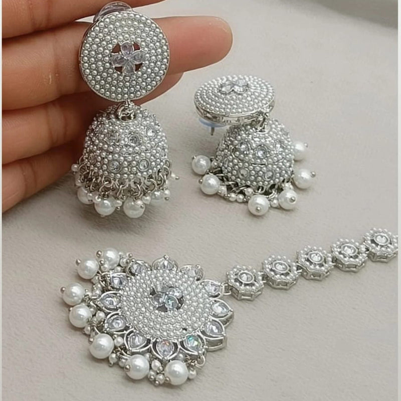 FS Collection Silver Plated Crystal Stone And Pearls Jhumki With Maangtikka