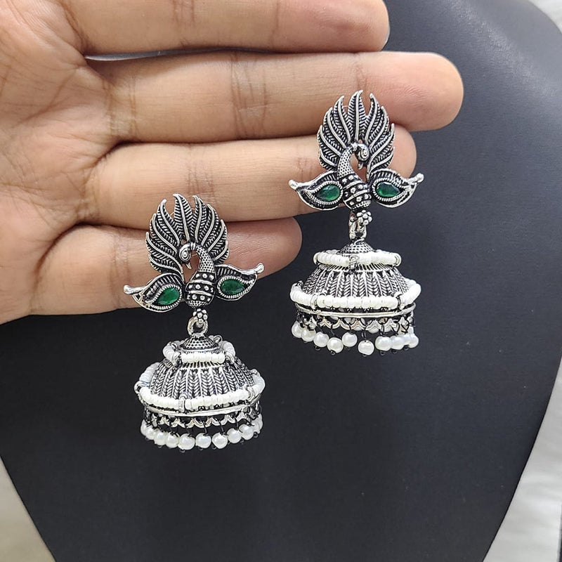 FS Collection Oxidised Plated Pota Stone And Pearls Jhumki