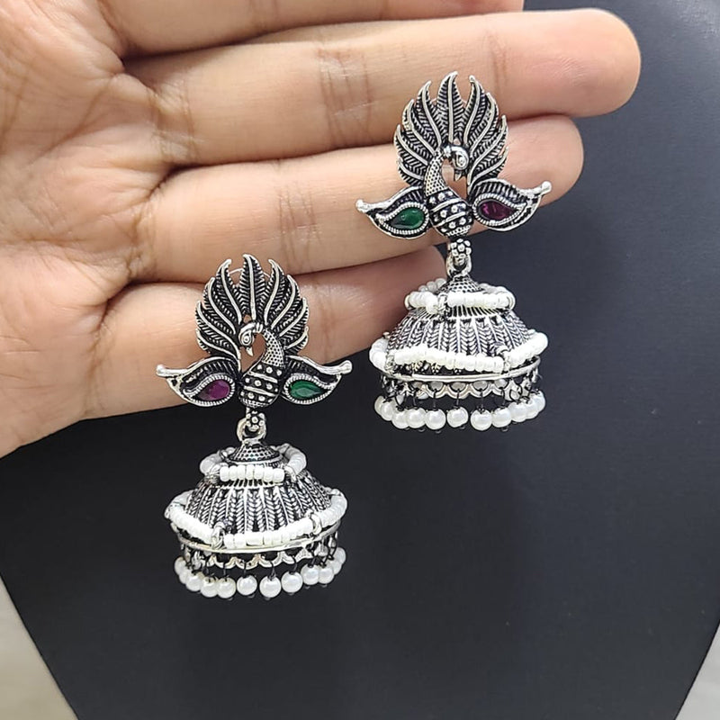 FS Collection Oxidised Plated Pota Stone And Pearls Jhumki