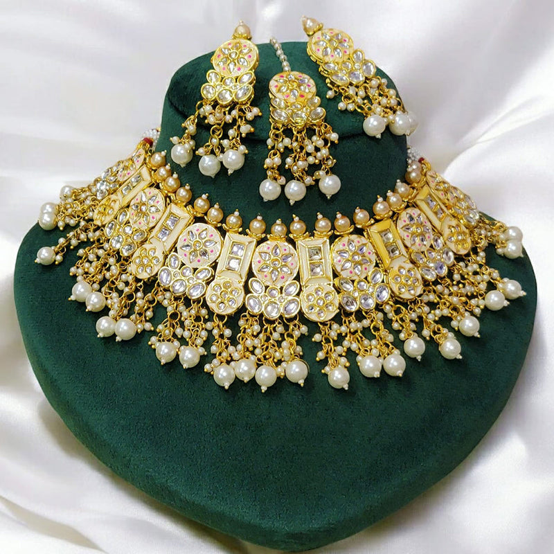 FS Collection Gold Plated Kundan Stone And Pearls Choker Necklace Set