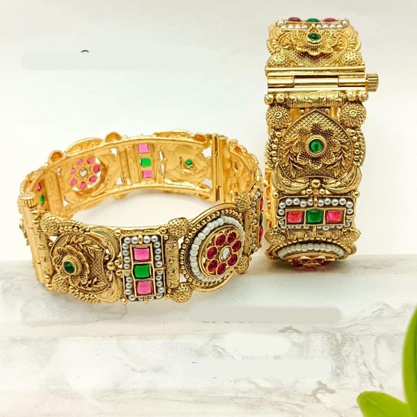 FS Collection Gold Plated Pota Stone And Pearls Openable Bangle Set