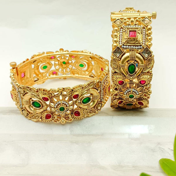 FS Collection Gold Plated Pota Stone And Pearls Openable Bangle Set