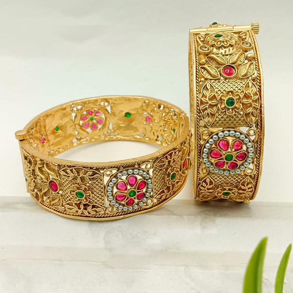 FS Collection Gold Plated Pota Stone And Pearls Openable Bangle Set