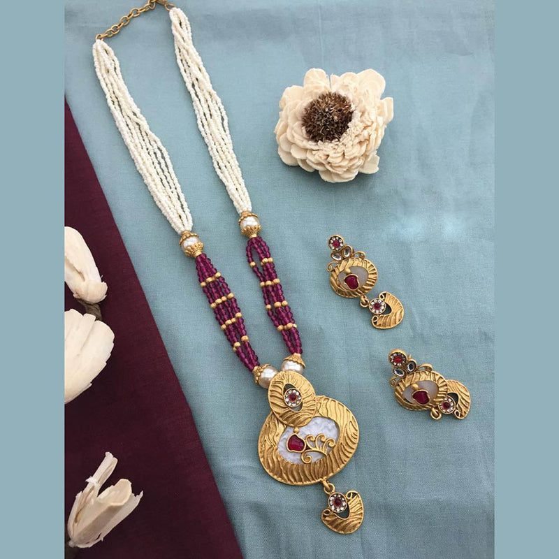 FS Collection Gold Plated Kundan Stone And Pearls Long Necklace Set