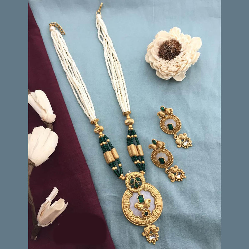 FS Collection Gold Plated Kundan Stone And Pearls Long Necklace Set