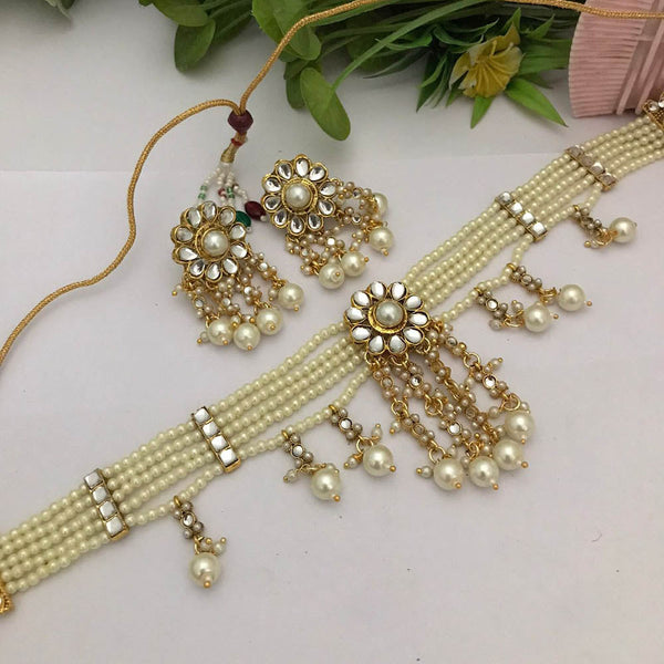 FS Collection Gold Plated Kundan Stone And Pearls Choker Necklace Set