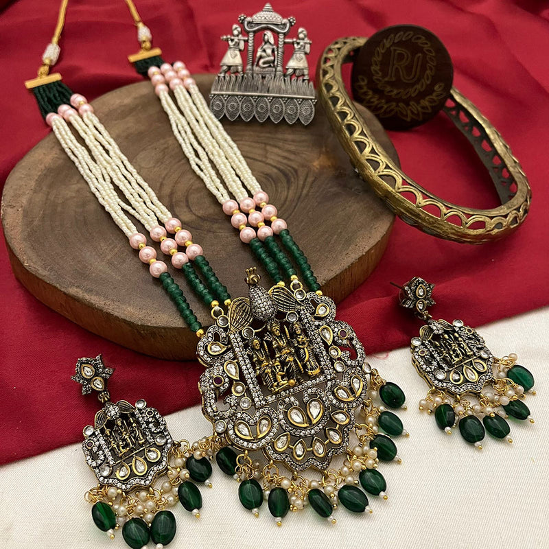 FS Collection Gold Plated Polki Kundan Stone Temple Long Necklace Set