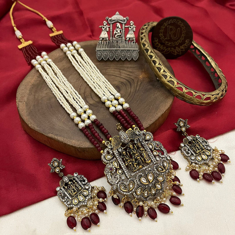 FS Collection Gold Plated Polki Kundan Stone Temple Long Necklace Set