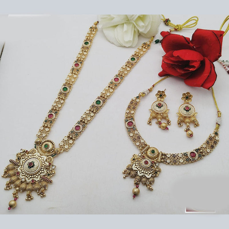 FS Collection Gold Plated Pota Stone Double Meenakari Necklace Set