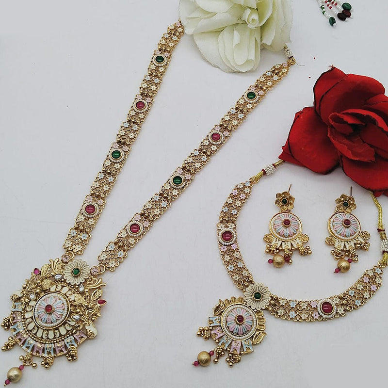 FS Collection Gold Plated Pota Stone Double Meenakari Necklace Set