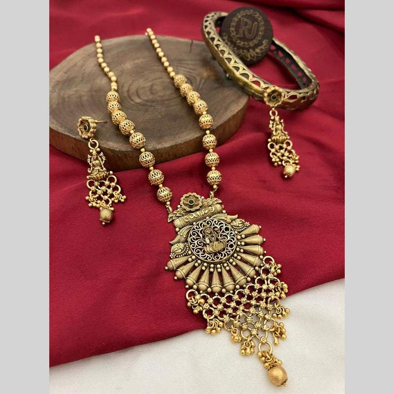 FS Collection Gold Plated Pota Stone And Pearls Temple Long Necklace Set