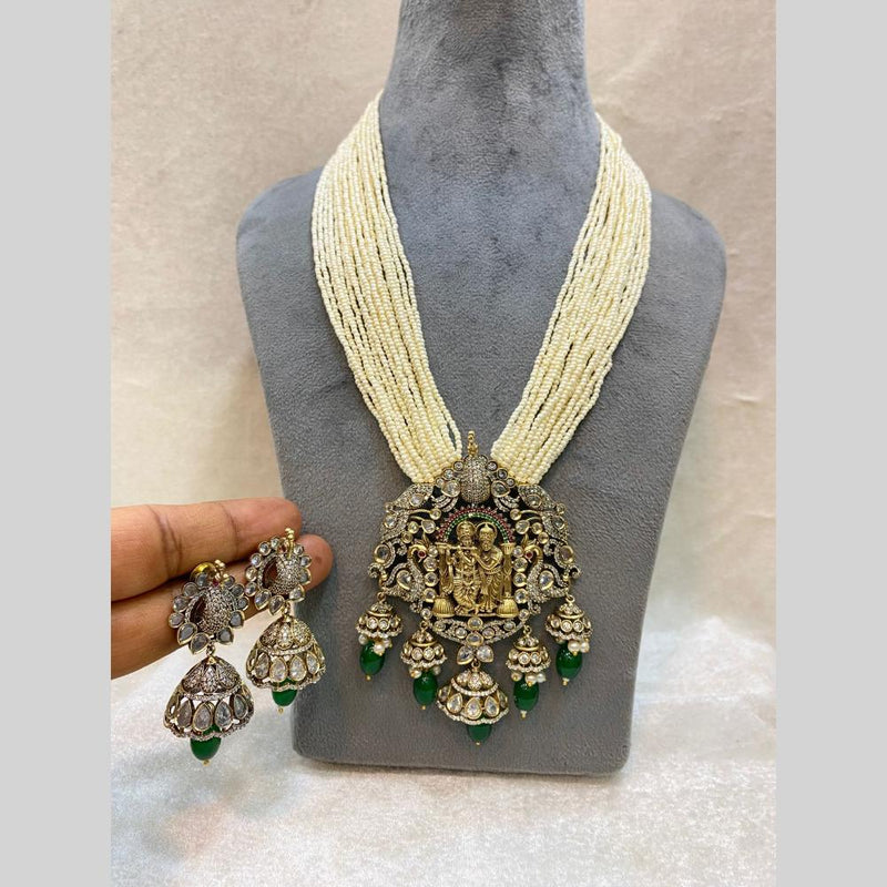 FS Collection 2 Tone Plated Austrian Stone And Pearls Temple Long Necklace Set