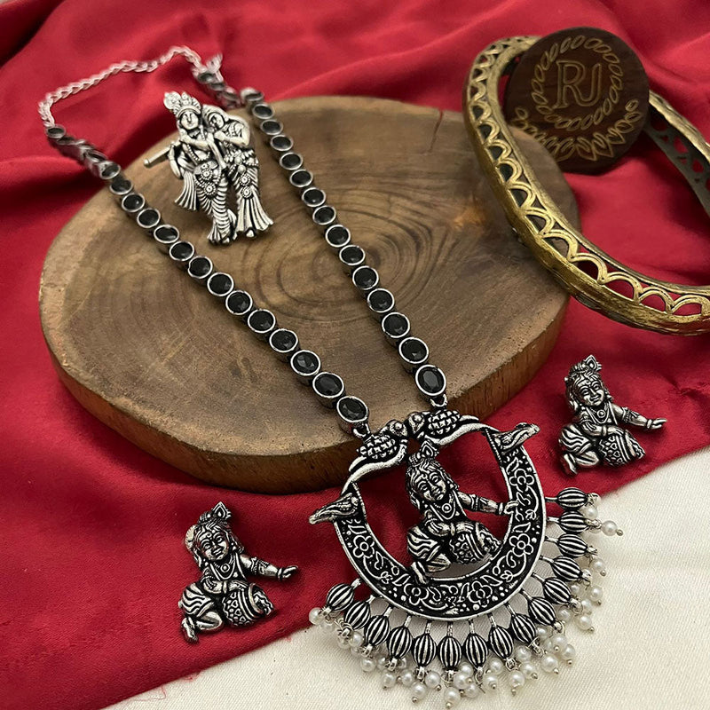 FS Collection Oxidised Plated Pota Stone Temple Long Necklace Set