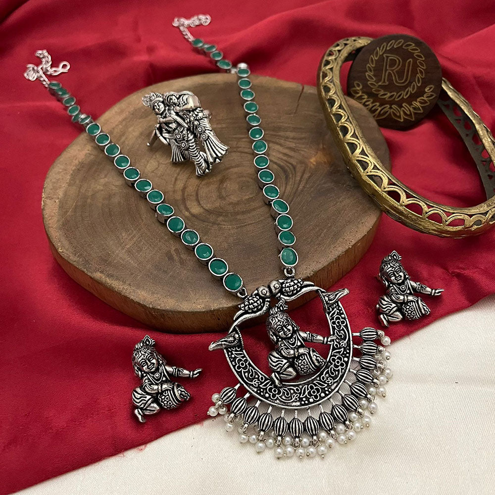 FS Collection Oxidised Plated Pota Stone Temple Long Necklace Set