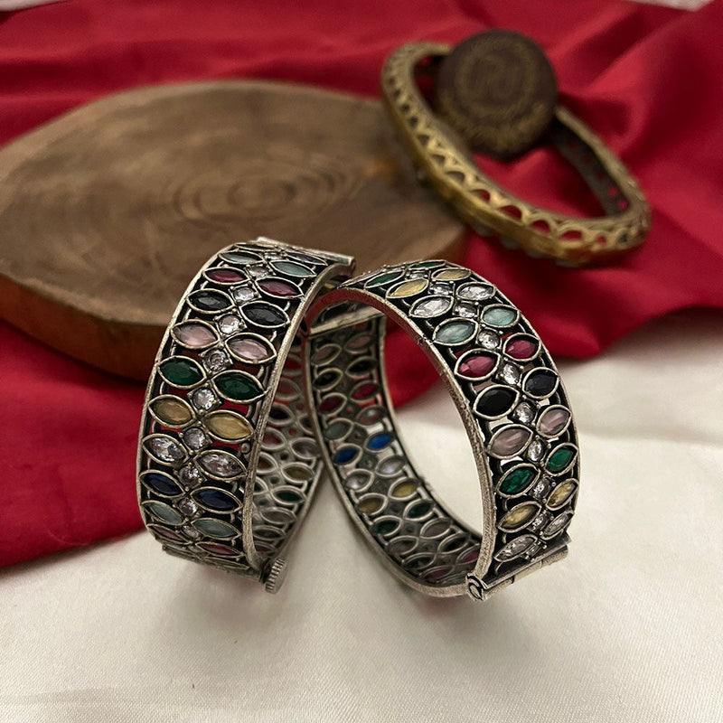 FS Collection Oxidised Plated Pota Stone Openable Bangles Set