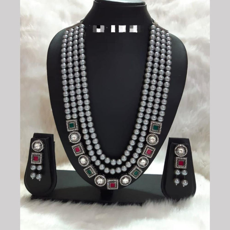 FS Collection Oxidised Plated Pota Stone Multi Layer Long Necklace Set