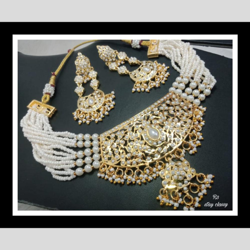 FS Collection Gold Plated Pearl And Beads Choker Necklace Set