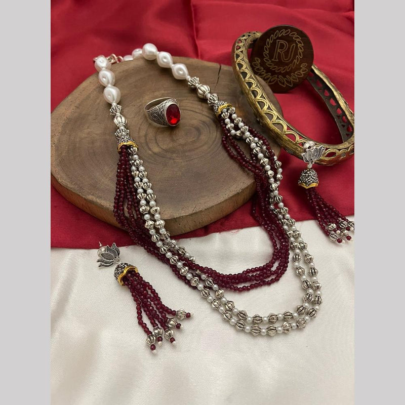 FS Collection Oxidised Plated Pearl And Beads Long  Necklace Set