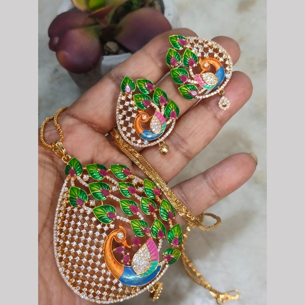 FS Collection Gold Plated American Diamond Peacock Design Chain Pendant Set