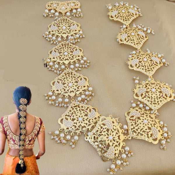 FS Collection Gold Plated Beads & Pearls Hair Choti