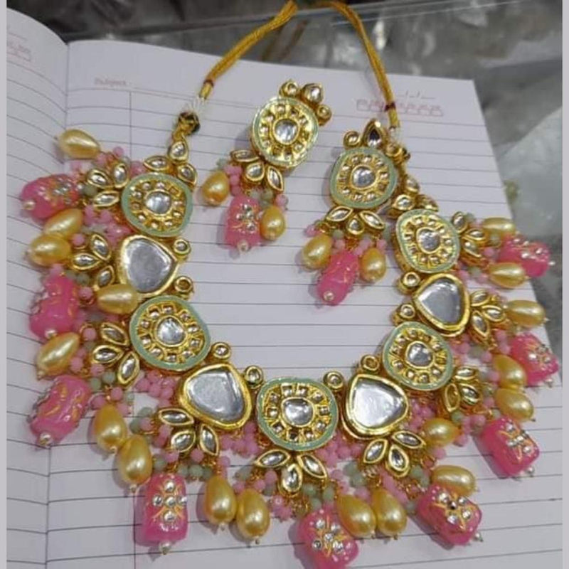 FS Collection Gold Plated Kundan Stone And Beads Necklace Set