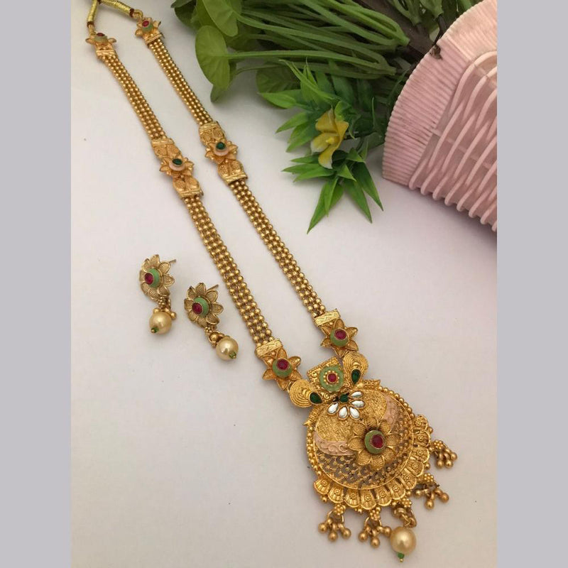 FS Collection Gold Plated Kundan Stone Long Necklace Set