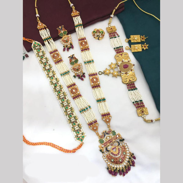 FS Collection Gold Plated Kundan Stone And Pearl Meenakari Combo Set