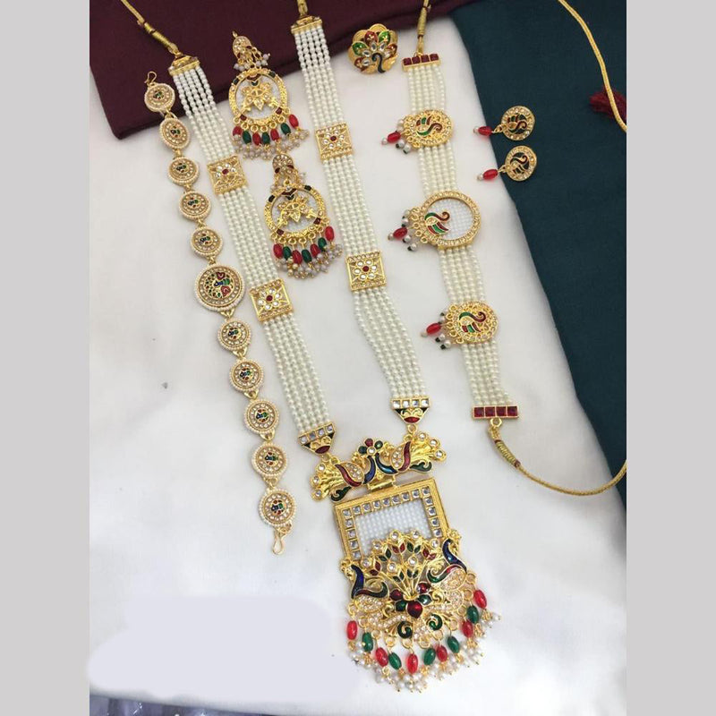 FS Collection Gold Plated Kundan Stone And Pearl Meenakari Combo Set