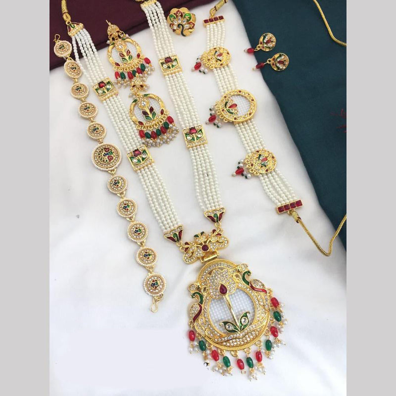 FS Collection Gold Plated Kundan Stone And Pearl Meenakari Combo Set