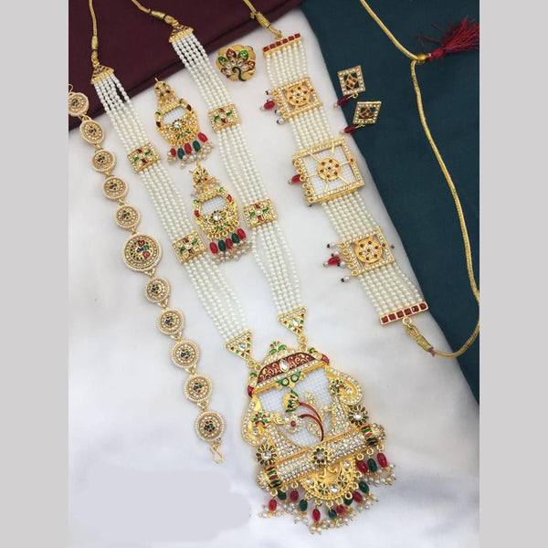 FS Collection Gold Plated Kundan Stone And Pearl Meenakari Combo Set