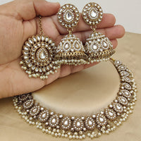 FS Collection Gold Plated Kundan Stone And Pearls Necklace Set