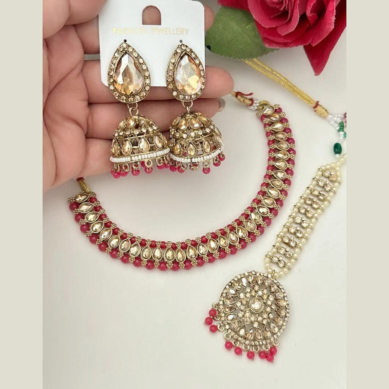 FS Collection Gold Plated Crystal Stone And Pearls Necklace Set