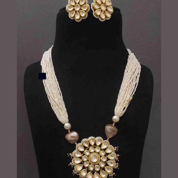 FS Collection Gold Plated Kundan Stone And Pearls Long Necklace Set