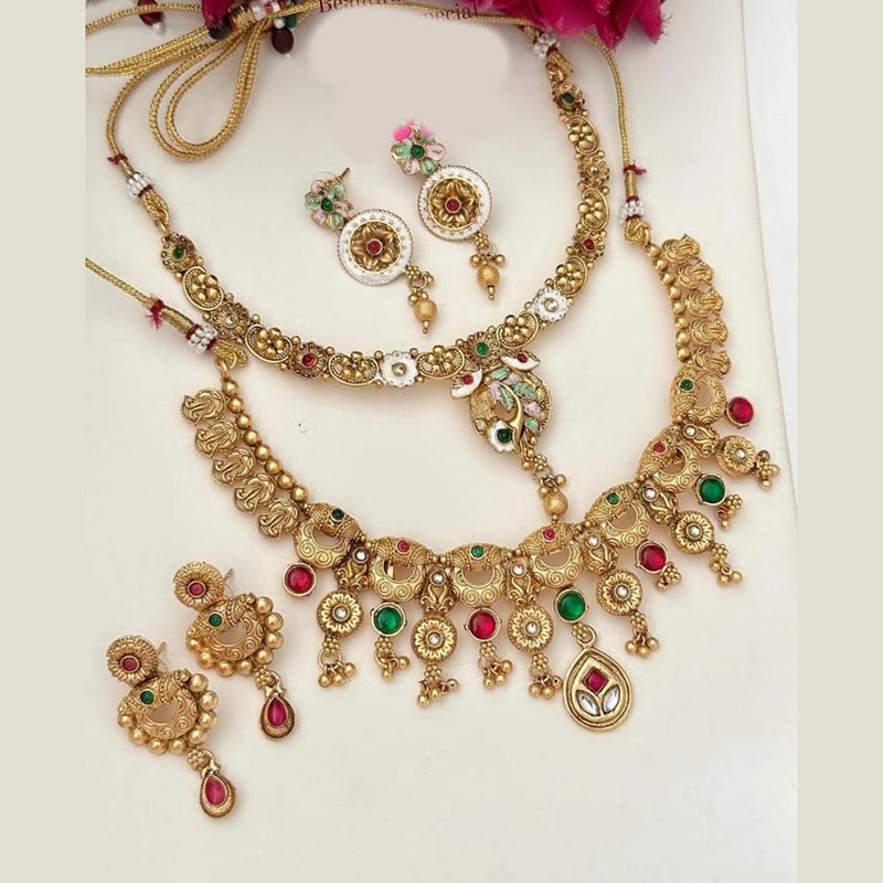 FS Collection Gold Plated Pota Stone And Meenakari Double Necklace Set