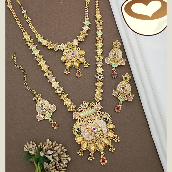 FS Collection Gold Plated Pota Stone And Meenakari Double Necklace Set