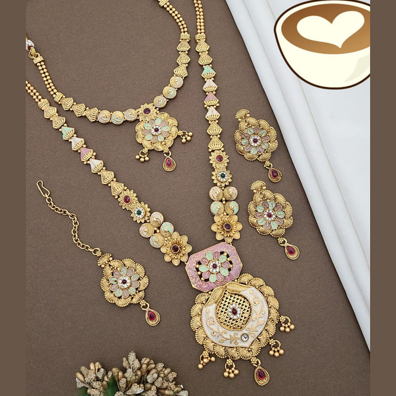 FS Collection Gold Plated Pota Stone And Meenakari Double Necklace Set