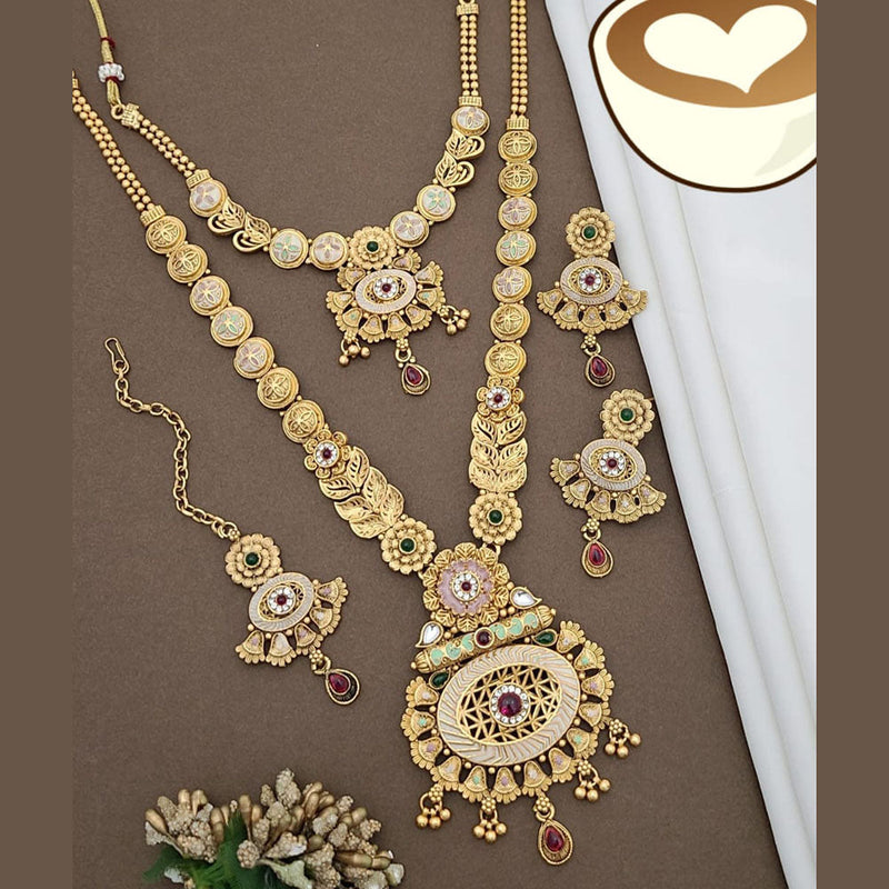 FS Collection Gold Plated Pota Stone And Meenakari Double Necklace Set