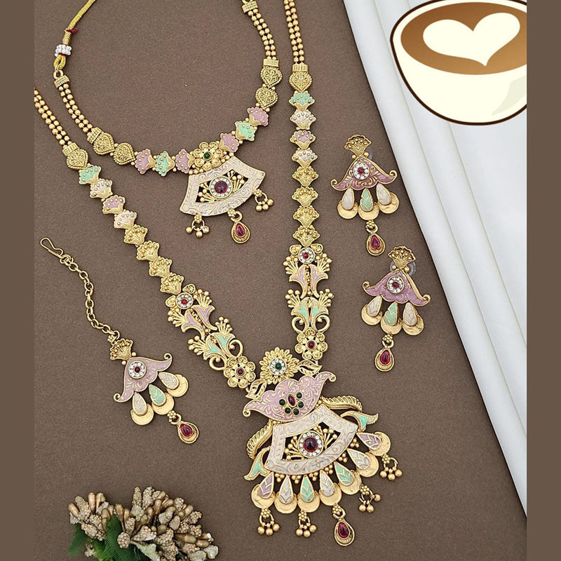 FS Collection Gold Plated Pota Stone And Meenakari Double Necklace Set