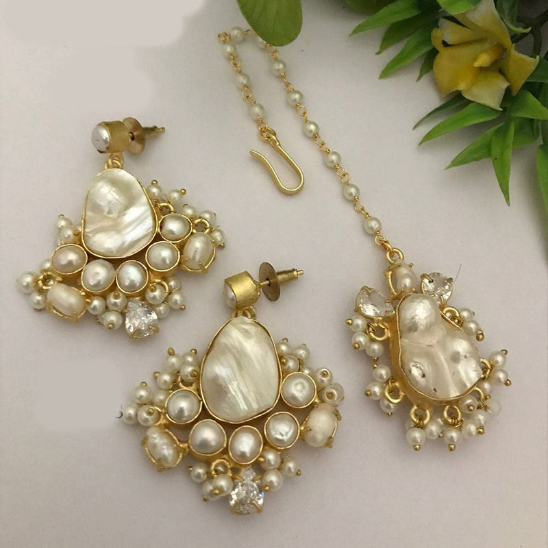 FS Collection Gold Plated Mother Of Pearl Earrings With Maangtikka