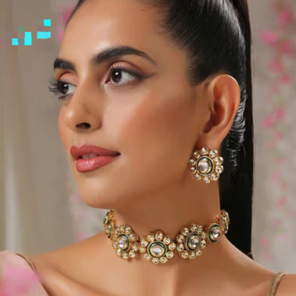 FS Collection Gold Plated Kundan Stone Choker Necklace Set