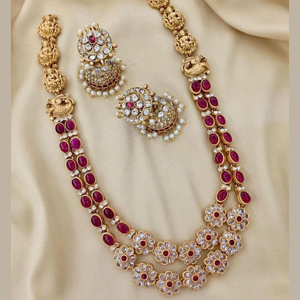 FS Collection Gold Plated Crystal Stone Temple Long Necklace Set