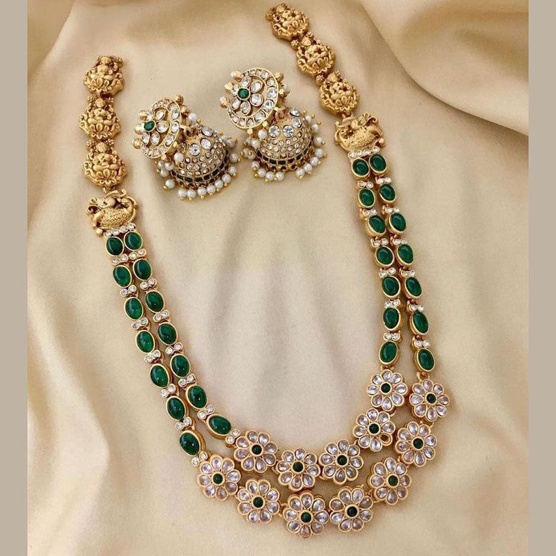 FS Collection Gold Plated Crystal Stone Temple Long Necklace Set