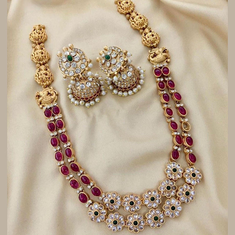 FS Collection Gold Plated Crystal Stone Temple Long Necklace Set