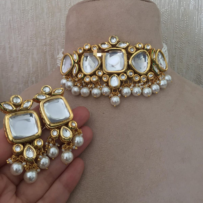 FS Collection Gold Plated Kundan Stone And Pearls Choker Necklace Set